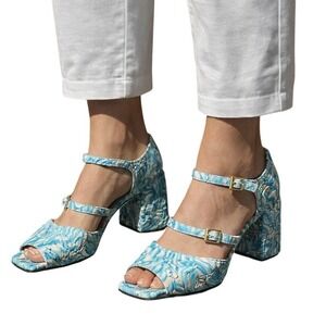 SUZANNE RAE Demi Toe Double Mary Jane Heels Blue Ruched Designer 38